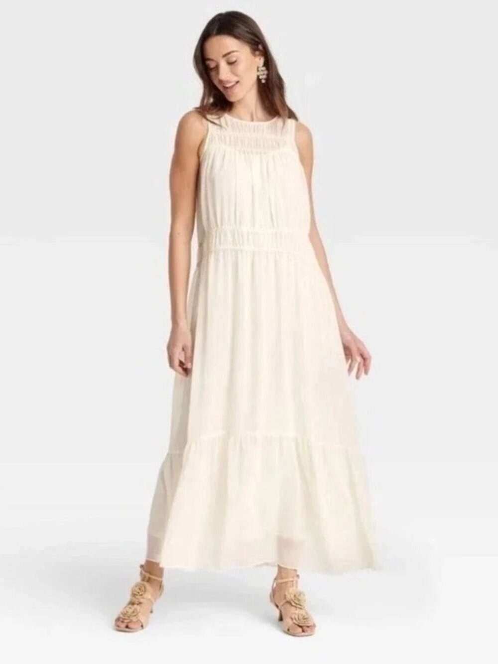 A New Day Cream Chiffon Women's Size Large Maxi Dress Sleeveless Beige